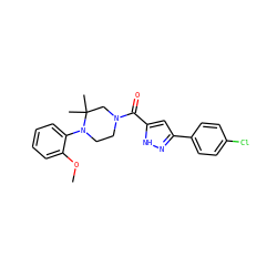 COc1ccccc1N1CCN(C(=O)c2cc(-c3ccc(Cl)cc3)n[nH]2)CC1(C)C ZINC000071318987