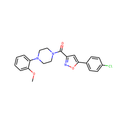 COc1ccccc1N1CCN(C(=O)c2cc(-c3ccc(Cl)cc3)on2)CC1 ZINC000003958756
