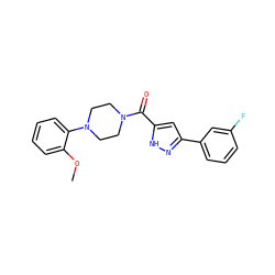 COc1ccccc1N1CCN(C(=O)c2cc(-c3cccc(F)c3)n[nH]2)CC1 ZINC000071317416