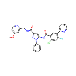 COc1ccnc(CNC(=O)c2cc(NC(=O)c3cc(-c4ccccn4)c(F)cc3Cl)n(-c3ccccc3)n2)c1 ZINC001772592723