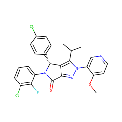 COc1ccncc1-n1nc2c(c1C(C)C)[C@@H](c1ccc(Cl)cc1)N(c1cccc(Cl)c1F)C2=O ZINC000224064666