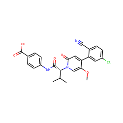 COc1cn([C@@H](C(=O)Nc2ccc(C(=O)O)cc2)C(C)C)c(=O)cc1-c1cc(Cl)ccc1C#N ZINC001772630440