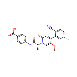COc1cn([C@H](C)C(=O)Nc2ccc(C(=O)O)cc2)c(=O)cc1-c1cc(Cl)ccc1C#N ZINC001772651421