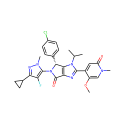 COc1cn(C)c(=O)cc1-c1nc2c(n1C(C)C)[C@@H](c1ccc(Cl)cc1)N(c1c(F)c(C3CC3)nn1C)C2=O ZINC000169705851