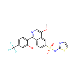 COc1cnc(-c2ccc(C(F)(F)F)cc2O)c2ccc(S(=O)(=O)Nc3nccs3)cc12 ZINC000261179192