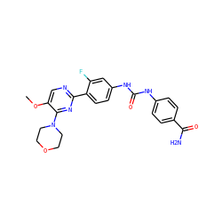 COc1cnc(-c2ccc(NC(=O)Nc3ccc(C(N)=O)cc3)cc2F)nc1N1CCOCC1 ZINC000205768617