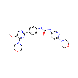 COc1cnc(-c2ccc(NC(=O)Nc3ccc(N4CCOCC4)nc3)cc2)nc1N1CCOCC1 ZINC000118175790
