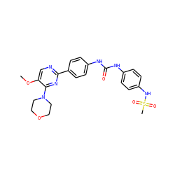 COc1cnc(-c2ccc(NC(=O)Nc3ccc(NS(C)(=O)=O)cc3)cc2)nc1N1CCOCC1 ZINC000118179335