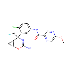 COc1cnc(C(=O)Nc2ccc(Cl)c([C@@]3(CF)N=C(N)O[C@@H]4C[C@@H]43)c2)cn1 ZINC000226080386