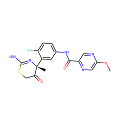 COc1cnc(C(=O)Nc2ccc(F)c([C@@]3(C)N=C(N)SCC3=O)c2)cn1 ZINC000147500250