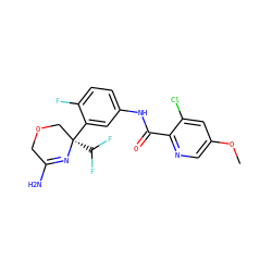 COc1cnc(C(=O)Nc2ccc(F)c([C@]3(C(F)F)COCC(N)=N3)c2)c(Cl)c1 ZINC000113655103