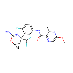 COc1cnc(C(=O)Nc2ccc(F)c([C@]3(C(F)F)N=C(N)O[C@H]4C[C@H]43)c2)c(C)n1 ZINC000226089482