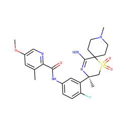 COc1cnc(C(=O)Nc2ccc(F)c([C@]3(C)CS(=O)(=O)C4(CCN(C)CC4)C(N)=N3)c2)c(C)c1 ZINC000214140047