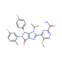 COc1cnc(C(N)=O)nc1-c1nc2c(n1C(C)C)[C@@H](c1ccc(Cl)cc1)N(c1cc(Cl)ccc1C)C2=O ZINC000169705621