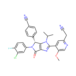 COc1cnc(CC#N)cc1-c1nc2c(n1C(C)C)[C@@H](c1ccc(C#N)cc1)N(c1ccc(F)c(Cl)c1)C2=O ZINC000169705771