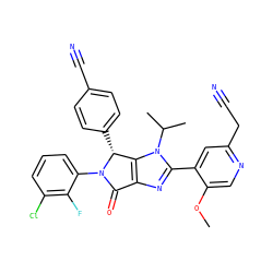 COc1cnc(CC#N)cc1-c1nc2c(n1C(C)C)[C@@H](c1ccc(C#N)cc1)N(c1cccc(Cl)c1F)C2=O ZINC000169705613