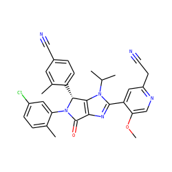 COc1cnc(CC#N)cc1-c1nc2c(n1C(C)C)[C@@H](c1ccc(C#N)cc1C)N(c1cc(Cl)ccc1C)C2=O ZINC000169705775