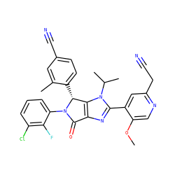 COc1cnc(CC#N)cc1-c1nc2c(n1C(C)C)[C@@H](c1ccc(C#N)cc1C)N(c1cccc(Cl)c1F)C2=O ZINC000169705769