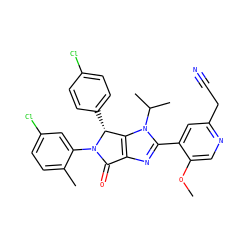 COc1cnc(CC#N)cc1-c1nc2c(n1C(C)C)[C@@H](c1ccc(Cl)cc1)N(c1cc(Cl)ccc1C)C2=O ZINC000169705560