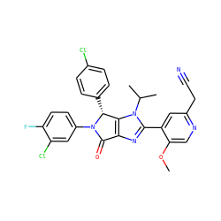 COc1cnc(CC#N)cc1-c1nc2c(n1C(C)C)[C@@H](c1ccc(Cl)cc1)N(c1ccc(F)c(Cl)c1)C2=O ZINC000169705773