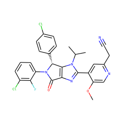 COc1cnc(CC#N)cc1-c1nc2c(n1C(C)C)[C@@H](c1ccc(Cl)cc1)N(c1cccc(Cl)c1F)C2=O ZINC000169705617