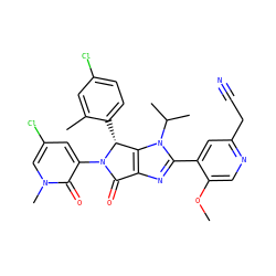 COc1cnc(CC#N)cc1-c1nc2c(n1C(C)C)[C@@H](c1ccc(Cl)cc1C)N(c1cc(Cl)cn(C)c1=O)C2=O ZINC000169705767