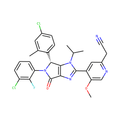 COc1cnc(CC#N)cc1-c1nc2c(n1C(C)C)[C@@H](c1ccc(Cl)cc1C)N(c1cccc(Cl)c1F)C2=O ZINC000169705542
