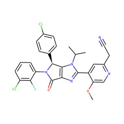 COc1cnc(CC#N)cc1-c1nc2c(n1C(C)C)[C@H](c1ccc(Cl)cc1)N(c1cccc(Cl)c1F)C2=O ZINC000169705618