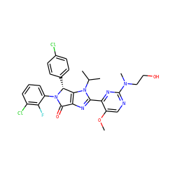 COc1cnc(N(C)CCO)nc1-c1nc2c(n1C(C)C)[C@@H](c1ccc(Cl)cc1)N(c1cccc(Cl)c1F)C2=O ZINC000169705573