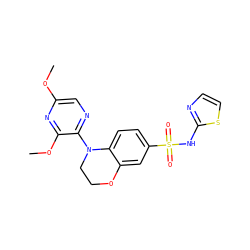 COc1cnc(N2CCOc3cc(S(=O)(=O)Nc4nccs4)ccc32)c(OC)n1 ZINC000220214274