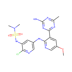 COc1cnc(Nc2cnc(Cl)c(NS(=O)(=O)N(C)C)c2)c(-c2nc(C)nc(N)n2)c1 ZINC000095559953