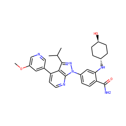 COc1cncc(-c2ccnc3c2c(C(C)C)nn3-c2ccc(C(N)=O)c(N[C@H]3CC[C@H](O)CC3)c2)c1 ZINC000261125020