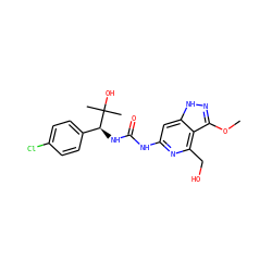 COc1n[nH]c2cc(NC(=O)N[C@@H](c3ccc(Cl)cc3)C(C)(C)O)nc(CO)c12 ZINC001772600830