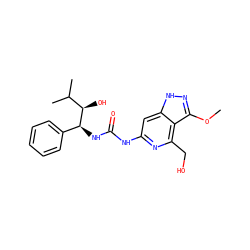 COc1n[nH]c2cc(NC(=O)N[C@@H](c3ccccc3)[C@H](O)C(C)C)nc(CO)c12 ZINC001772640288