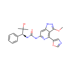 COc1n[nH]c2cc(NC(=O)N[C@@H](c3ccccc3)C(C)(C)O)nc(-c3cnco3)c12 ZINC001772638913