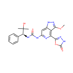 COc1n[nH]c2cc(NC(=O)N[C@@H](c3ccccc3)C(C)(C)O)nc(-c3n[nH]c(=O)o3)c12 ZINC001772635393