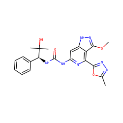 COc1n[nH]c2cc(NC(=O)N[C@@H](c3ccccc3)C(C)(C)O)nc(-c3nnc(C)o3)c12 ZINC001772588775