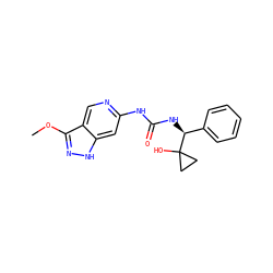 COc1n[nH]c2cc(NC(=O)N[C@@H](c3ccccc3)C3(O)CC3)ncc12 ZINC001772633769