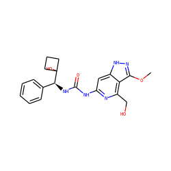 COc1n[nH]c2cc(NC(=O)N[C@@H](c3ccccc3)C3(O)CCC3)nc(CO)c12 ZINC001772636918