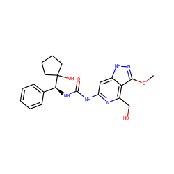 COc1n[nH]c2cc(NC(=O)N[C@@H](c3ccccc3)C3(O)CCCC3)nc(CO)c12 ZINC001772646962