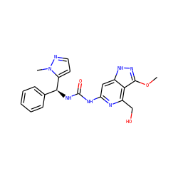 COc1n[nH]c2cc(NC(=O)N[C@@H](c3ccccc3)c3ccnn3C)nc(CO)c12 ZINC001772655767
