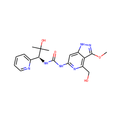 COc1n[nH]c2cc(NC(=O)N[C@@H](c3ccccn3)C(C)(C)O)nc(CO)c12 ZINC001772652981