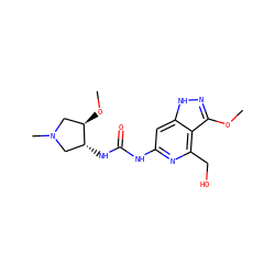 COc1n[nH]c2cc(NC(=O)N[C@@H]3CN(C)C[C@H]3OC)nc(CO)c12 ZINC001772606445