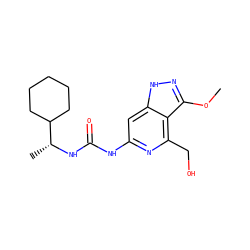 COc1n[nH]c2cc(NC(=O)N[C@H](C)C3CCCCC3)nc(CO)c12 ZINC001772621386