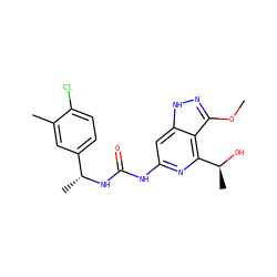 COc1n[nH]c2cc(NC(=O)N[C@H](C)c3ccc(Cl)c(C)c3)nc([C@H](C)O)c12 ZINC001772581054