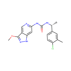 COc1n[nH]c2cc(NC(=O)N[C@H](C)c3ccc(Cl)c(C)c3)ncc12 ZINC001772656096