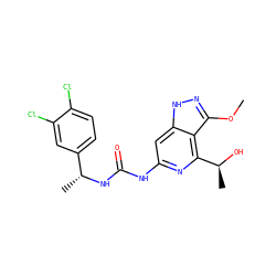 COc1n[nH]c2cc(NC(=O)N[C@H](C)c3ccc(Cl)c(Cl)c3)nc([C@H](C)O)c12 ZINC001772628640