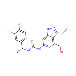 COc1n[nH]c2cc(NC(=O)N[C@H](C)c3ccc(Cl)c(Cl)c3)nc(CO)c12 ZINC001772577016