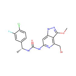 COc1n[nH]c2cc(NC(=O)N[C@H](C)c3ccc(Cl)c(F)c3)nc(CO)c12 ZINC001772631520