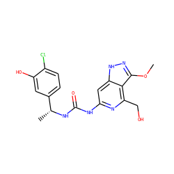 COc1n[nH]c2cc(NC(=O)N[C@H](C)c3ccc(Cl)c(O)c3)nc(CO)c12 ZINC001772575611